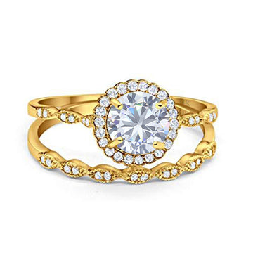 14K Yellow Gold Two Piece Halo Engagement Ring Round Simulated Cubic Zirconia Size-7